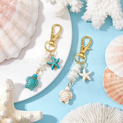 2 шт. подвеска в виде морской звезды и морской черепахи из синтетической бирюзы и натурального белого перламутра с ракушками HJEW-JM03169-1