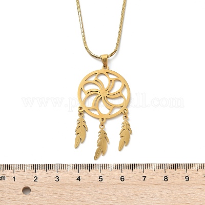 Ожерелья из цветочной плетеной сетки/паутинки из нержавеющей стали Bohemian 201 с подвесками в виде перьев NJEW-P327-07G-B-1