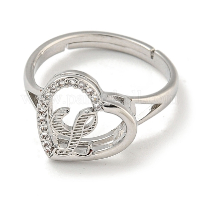 Сердце с буквой стойка покрытие латунь микро паве кубический цирконий регулируемые кольца для женщин RJEW-I105-06P-L-1
