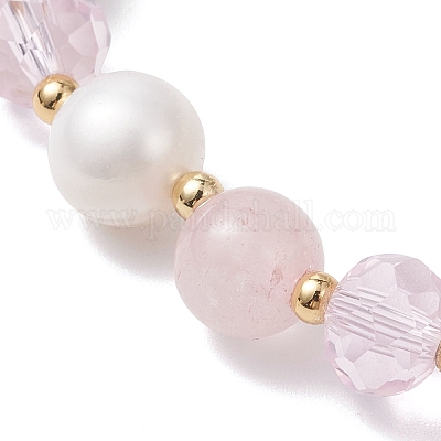 Эластичные браслеты из бусин натурального розового кварца и культивированного пресноводного жемчуга BJEW-JB12856-02-1
