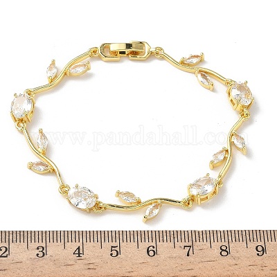 Браслеты-цепочки из латуни с микропаве из кубических цирконий овальной и листовой формы для женщин BJEW-G764-05G-02-1