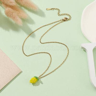 Ожерелье с подвеской в виде лимона из стеклянных бус с цепочками из нержавеющей стали 304 NJEW-MZ00022-1