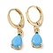 Real 18K Gold Plated Brass Teardrop Dangle Leverback Earrings, with Glass, Deep Sky Blue, 23.5x6mm