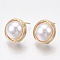 Brass Stud Earring Findings, with ABS Plastic Imitation Pearl, Loop, Half Round, Creamy White, Nickel Free, Real 18K Gold Plated, 12.5x12mm, Hole: 0.8mm, Pin: 0.8mm