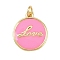 Brass Enamel Pendants, with Jump Ring, Flat Round with Word Love Charms, Lead Free & Cadmium Free, Long-Lasting Plated, Real 18K Gold Plated, Rack Plating, Pink, 16.5x14x1.5mm, Hole: 2.5mm