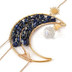 Обернутая проволокой натуральная лазуритовая луна с подвесками в виде дерева жизни&nbsp;HJEW-K046-07G-01