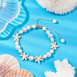 2шт 2-цветный регулируемый браслет из синтетических бусин бирюзового и ракушечного жемчуга BJEW-PA0001-04