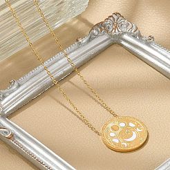 Ожерелья с плоским круглым кулоном из нержавеющей стали 304 с прозрачным кубическим цирконием и фазами Луны NJEW-R018-03G