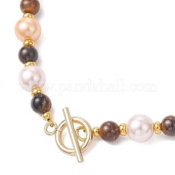 Женские ожерелья из 9-миллиметрового ракушечного жемчуга с 7-миллиметровым натуральным тигровым глазом.&nbsp;NJEW-JN05699