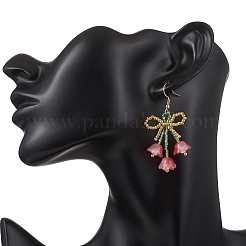 Серьги-подвески из стеклянных бусин ручной работы в виде цветка с бантом&nbsp;EJEW-MZ00655