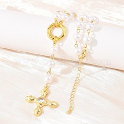 Подвеска в виде креста из латуни с прозрачными кубическими циркониями и цепочкой ручной работы из искусственного жемчуга ABS.&nbsp;NJEW-F364-06G