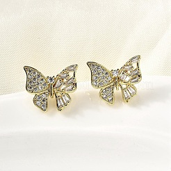 Серьги-гвоздики в форме бабочки из латуни с прозрачным кубическим цирконием&nbsp;EJEW-L261-029C-G