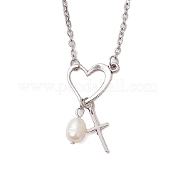 Ожерелья в форме сердца с крестом из нержавеющей стали и искусственного жемчуга ABS для женщин NJEW-JN05201-01