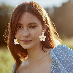 2 пара двухцветных сережек-гвоздиков в виде бумажных цветов из рафии&nbsp;EJEW-AN0001-47