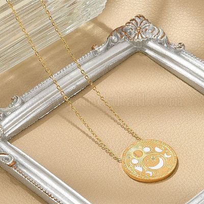 Ожерелья с плоским круглым кулоном из нержавеющей стали 304 с прозрачным кубическим цирконием и фазами Луны NJEW-R018-03G-1