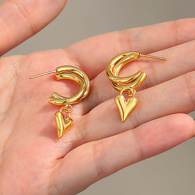 Винтажные серьги-гвоздики из нержавеющей стали 201 в форме буквы С с подвесками в форме сердца RJ0929-1-1