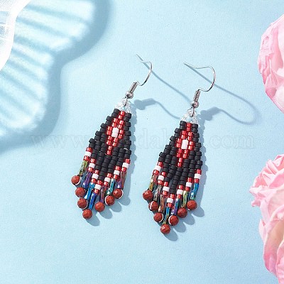 Серьги-подвески в форме ромба из натуральных и синтетических драгоценных камней EJEW-MZ00632-1