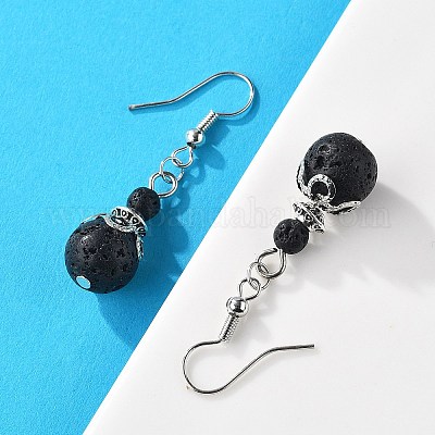 Серьги с подвесками из бусин из натуральной лавы EJEW-JE02144-01-1
