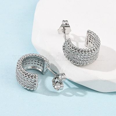 Серьги-гвоздики в форме буквы С с микропаве из прозрачного кубического циркония из латуни EJEW-B153-16P-1