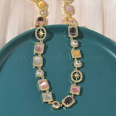 Теннисные ожерелья из латуни с микропаве из прозрачных кубических цирконий и разноцветными камнями кошачий глаз в форме прямоугольника NJEW-G183-05G-1