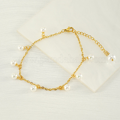 Пластиковые браслеты на ногу с имитацией жемчуга белого цвета с круглыми кисточками из нержавеющей стали 304 для женщин FS-WG0F4BB-01-1