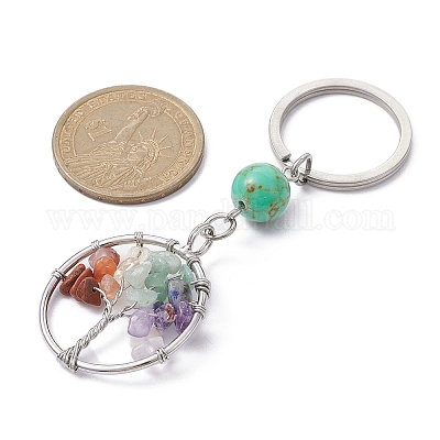 Плоская круглая крошка из натурального смешанного камня и синтетической бирюзы с древом жизни kcychain KEYC-JKC00563-05-1