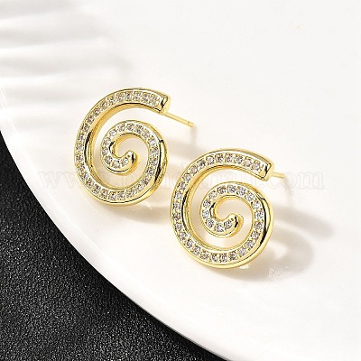 Серьги-гвоздики из латуни с микропаве из прозрачного кубического циркония Vortex Spiral EJEW-L305-05G-02-1