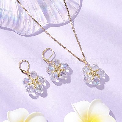 Комплекты из стеклянных и стеклянных бусин с подвесками в виде цветов и серег-колец SJEW-MZ00011-1