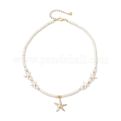 Ожерелье из круглой бусины с подвеской в виде морской звезды из нержавеющей стали 304 NJEW-JN05505-02-1