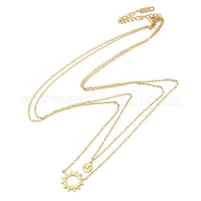 Двухслойные ожерелья из нержавеющей стали 304 с подвеской в виде солнца и улыбающегося лица для женщин NJEW-A045-14G-1