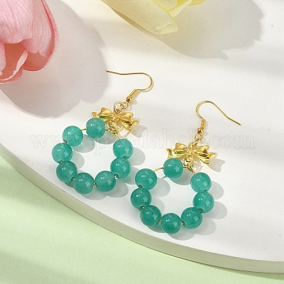 Серьги с подвесками и кольцом из искусственного нефрита из стеклянных бусин EJEW-JE05567-03-1