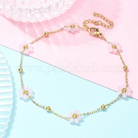 Браслеты на ногу из нержавеющей стали 304 и синтетического камня с цепочкой в виде цветка маргаритки для женщин&nbsp;LS-AJEW-B031-01G-02-1