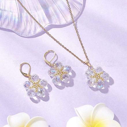 Комплекты из стеклянных и стеклянных бусин с подвесками в виде цветов и серег-колец SJEW-MZ00011-1