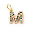 Brass Micro Pave Colorful Cubic Zirconia Charms, Golden, Letter.M, 9x8x2mm, Hole: 3mm