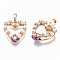 Brass Micro Cubic Zirconia Pendants, Cadmium Free & Nickel Free & Lead Free, with Glass and Brass Snap on Bails, Heart, Light Gold, Purple, 17x16x6mm, Hole: 6x4mm