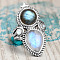 Teardrop & Oval Bohemian Style Zinc Alloy with Resin Imitation Moonstone/Rhinestone Finger Rings, Antique Silver, US Size 7(17.3mm)