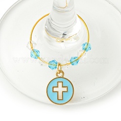 Плоские круглые подвески для бокалов для вина с крестообразной эмалью AJEW-JO00205