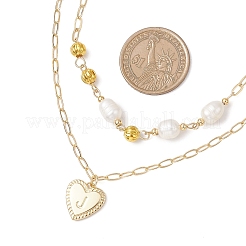 Натуральный культивированный пресноводный жемчуг рисовые бусины латунное сердце с подвеской в виде буквы скрепка цепочка двухслойные ожерелья NJEW-JN05378-02