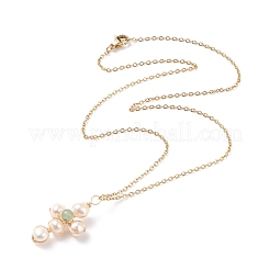 Колье с плетеным крестом из натурального зеленого авантюрина и жемчуга&nbsp;NJEW-JN03920-02