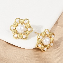 Серьги-гвоздики из искусственного жемчуга с цветком из латуни и АБС-пластика&nbsp;EJEW-M082-09G