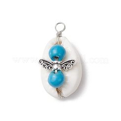 Подвески в виде ангела из натуральной ракушки каури и круглой окрашенной синтетической бирюзы PALLOY-JF03815-01