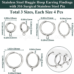 12 шт. 3 стиля фурнитуры для сережек-колец из нержавеющей стали 201 STAS-BBC0004-91P