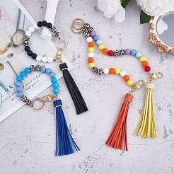 Силиконовый круглый брелок из бисера с кисточкой из искусственной кожи&nbsp;KEYC-SW00005-01