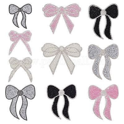 10 шт. 10 стиля бант из стекла и стразов с пластиковыми тканевыми нашивками PATC-FG0003-02-1