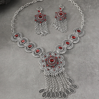 Комплекты ожерелий и серег-колец из цинкового сплава и стекла в стиле «Цветочная Богемия» FS-WGA974D-04-1