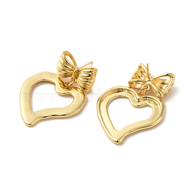 Серьги-гвоздики с подвесками из латуни в форме сердца и банта EJEW-G382-04G-1