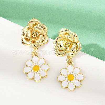 Серьги-гвоздики из латуни с подвесками в виде цветка маргаритки EJEW-S277-04G-1