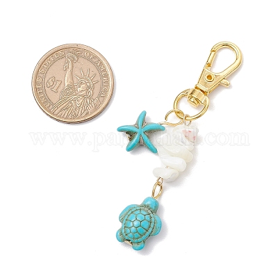 Подвеска в виде ракушки с кристаллами из синтетической бирюзы и натурального белого перламутра в виде морской звезды и морской черепахи HJEW-JM03169-02-1