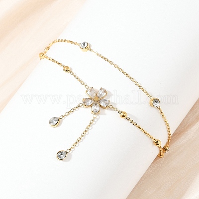 Браслеты на ногу из нержавеющей стали 304 с двухслойными цветочными подвесками AJEW-G069-02G-1