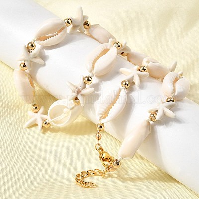 Женские бусины из натуральных ракушек каури и морских звезд с искусственной бирюзой NJEW-F356-04G-1